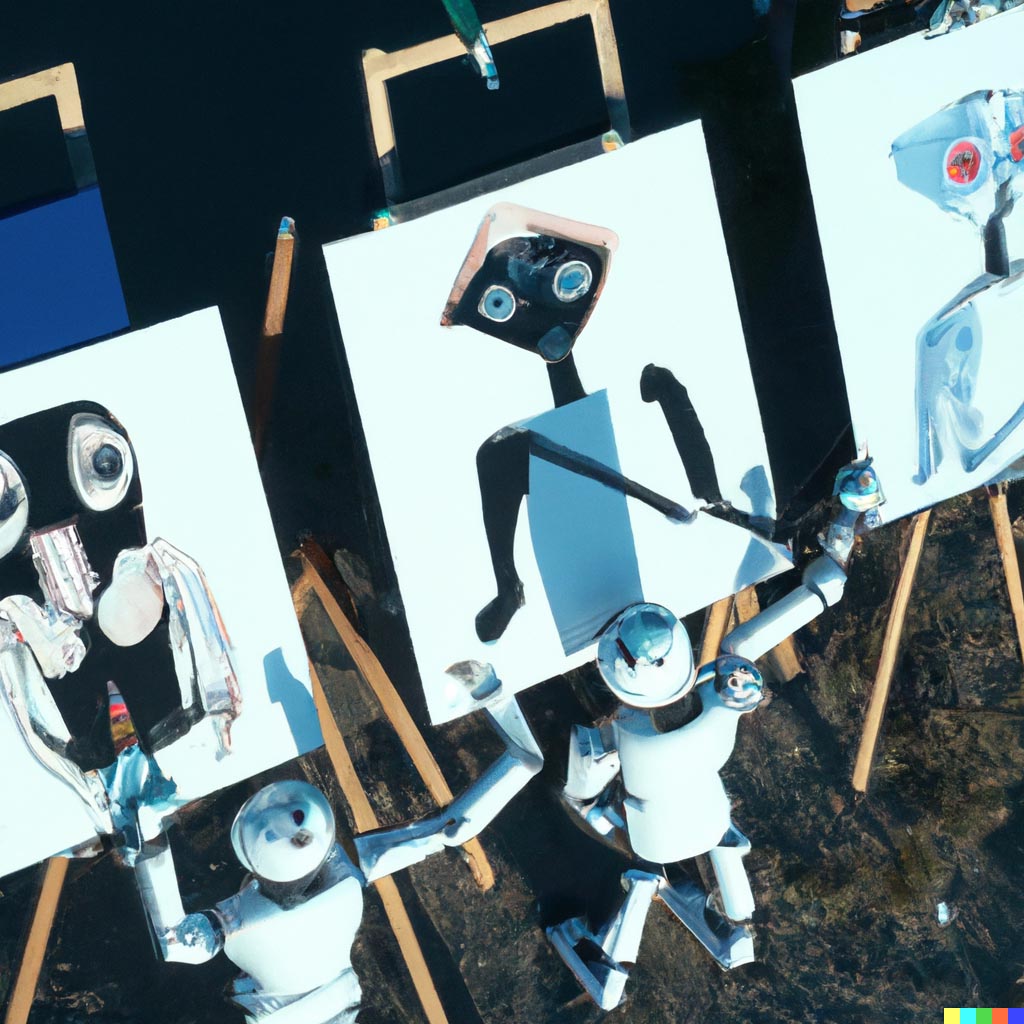 DALL·E prompt: aerial view of futuristic robots that look like monkeys in a row, painting images on easels.jpg